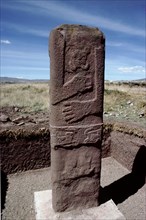 Headless red sandstone stela at Tiahuanaco (Tiwanaku)   Bolivia