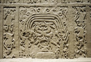 'Huaca del Dragon' outside Trujillo, north coast of Peru, showing detailof ceremonial platform decorated with clay frieze of maritime motifs, including the distinctive 'double-headed dragon wave' moti...