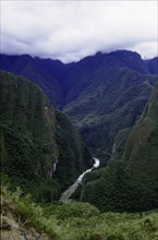 View from Machu Picchu down into the valley of the Urubamba river