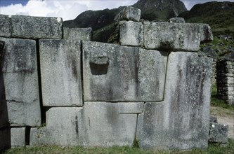Inca stone structure showing earthquake displacement at Machu Picchu