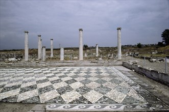 View across a black and white diamond-shaped pebble mosaic floor at Pella, the Macedonian capital, and birthplace of Alexander the Great