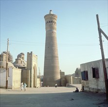 The C12th brick-built minaret of the Kalan mosque in Bukhara, retained when the remainder of the mosque was rebuilt during the C16th