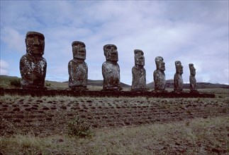 Large platform (ahu) with seven moai statues