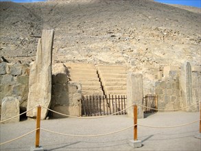 View of the site of Cerro Sechin showing the reconstructed temple staircase which was discovered in 1937
