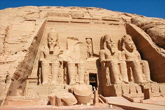 The colossal statues of Ramses II at Abu Simbel, built as a lasting monument to himself and his wife Queen Nefertari and to commemorate his victory at the battle of Kadesh
