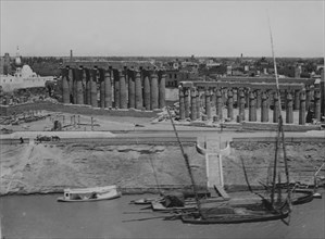 Felouccas on the Nile by the temple of Luxor, photographed in the 1920's