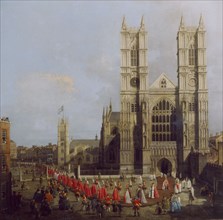 Painting of Westminster Abbey with procession of Knights of the Order of the Bath by Canaletto