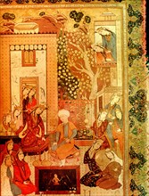 A miniature of Mou'in representing perhaps a marriage feast with musicians and servants