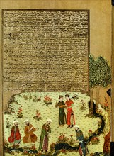The introductory miniature to Ferdausi's 'Book of Kings' (Shah nameh) showing the unknown poet meeting the poets of the court of the sultan Mahmoud de Ghazna whose aquaintance he made because of his t...