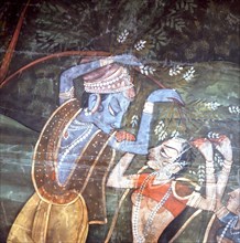 A detail of a wall hanging with scenes from the legend of Krishna
