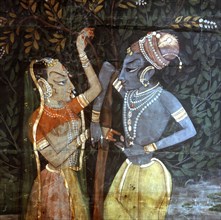 A detail of a wall hanging, with a scene from the legend of Krishna
