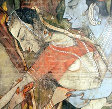 A detail of a wall hanging with scenes from the legend of Krishna
