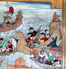 Detail from the 'Akbar nama' (History of Akbar), depicting European naval mercenaries, probably Portuguese, sailing a turbulent sea