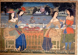 A painting showing European ladies wearing clothes made from Indian textiles