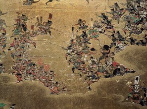 Detail of part of a folding screen which depicts the siege of Osaka Castle and was commissioned by general Kuroda Nagamasa who took part in the siege