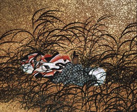 Detail of a screen on which is painted in gold and black, a scene from the Tales of Ise