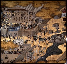A screen depicting popular festivities that took place at Shijo gawa, Kyoto