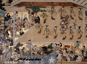 A screen depicting the popular festivities that took place at Shijo gawa, Kyoto