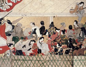 A screen depicting the popular festivities that took place at Shijo gawa, Kyoto