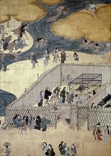 A screen depicting the popular festivities that took place at Shijo gawa, Kyoto