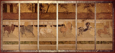 Folding screen depicting a stable scene