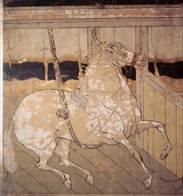Folding screen depicting a stable scene (detail)