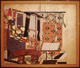 A two fold screen with a kimono design, a much favoured subject for painting on screens since the Momoyama period (1573 1614)