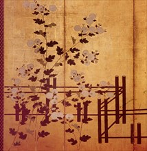 Detail of a four fold screen showing a design of chrysanthemums and a fence