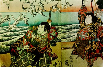 Samurai ethics were portrayed in the Kabuki theatre and in prints drawn from Kabuki such as this depicting the actor Ichikawa Kuzo in the role of Sanzo