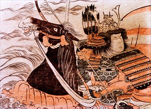 A samurai on horseback fording a river