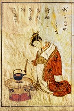 A woodblock print depicting a Japanese lady preparing water for tea