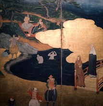 Detail of a screen depicting Jesuit priests and Portuguese merchants
