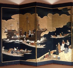 Four panels from a folding screen depicting Portuguese merchants and trading vessels