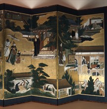 Four panels from a screen depicting Portuguese traders and Jesuit priests