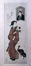 A Japanese wife looks at the portrait of her foreign husband