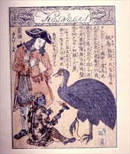A print depicting a boy showing a large bird to a finely dressed 18th century man who holds a long clay pipe in his hand