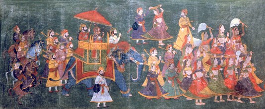 A procession scene, with an official seated on an elephant, accompanied by attendants and dancing women