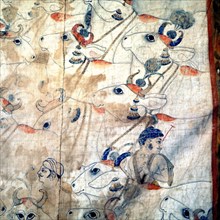 Detail of a temple cloth in which Krishna plays his flute among the cows and herdsmen with whom he spent his youth