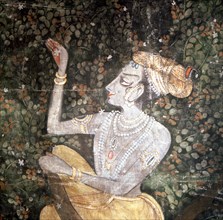 Detail of a palace wall hanging painted with a scene from the legend of Krishna, in which he charms the gopis (wives and daughters of the cowherds)
