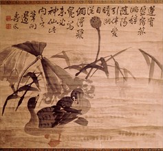 Painting depicting geese and lotus flowers