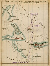 Map showing entrance to Mobile Bay and course taken by Union fleet. 1864