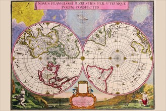 Novus Planiglobii Terrestris Per Utrumque Polum Conspectus; Stereographic Map of the World 1695