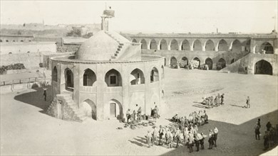 Troops in ancient courtyard