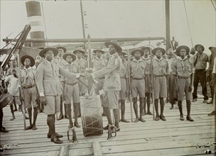 View of scout troop with drum and bugles on steamer