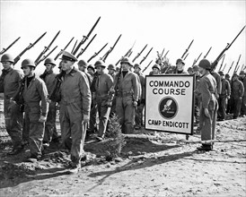 Camp Endicott, Rhode Island:  March 27, 1943.
U.S. Navy Seebees on the march at Camp Endicott where