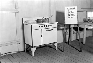 United States:  c. 1925.
A stove in a kitchen with a recipe for custard mounted on an easel.