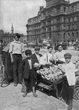 Indianapolis, Indiana:   August, 1908.
Italian boys earning a living on the street as banana