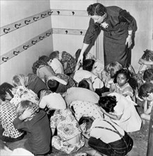 A duck and cover exercise in a kindergarten class in 1954