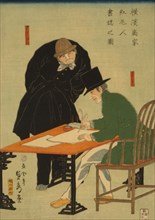 Foreigners in Yokohama draw up contract in mercantile house (Yokohama sho¯ka komojin sho a mitomu no zu) 1861