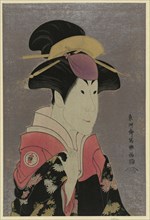 Segawa Tomisaburo, an actor, head-and-shoulders portrait, facing right, in the role of Yadorigi, the wife of Ogishi Kurando. 1794